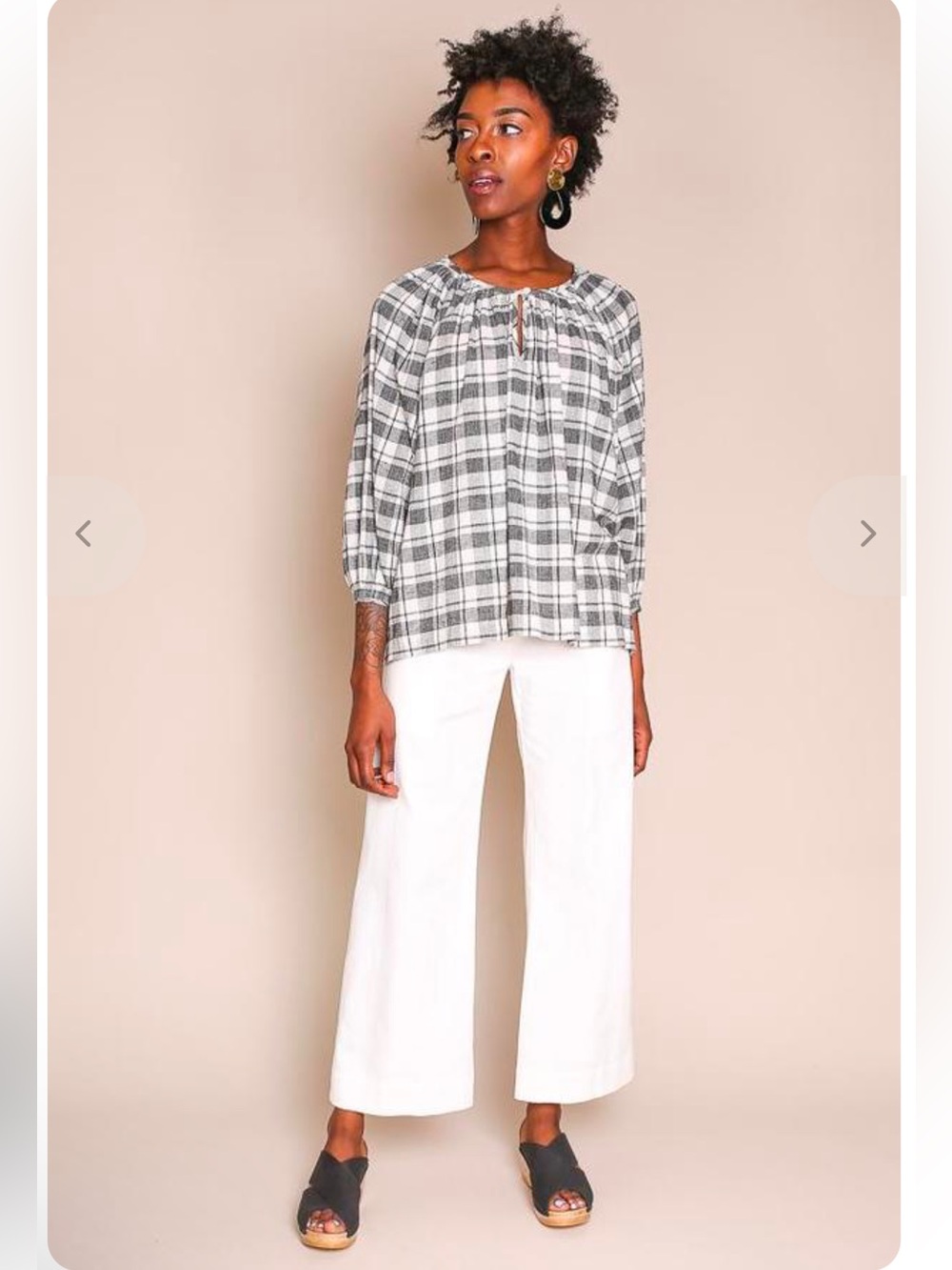 The GREAT. Black & White The Dreamer Plaid Puff Sleeve Blouse Top Windmill Plaid